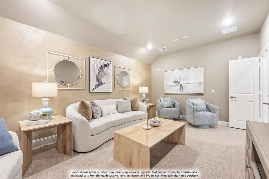 Living room with white curved sofa, wood coffee table, two gray accent chairs, and decorative wall mirrors on beige walls