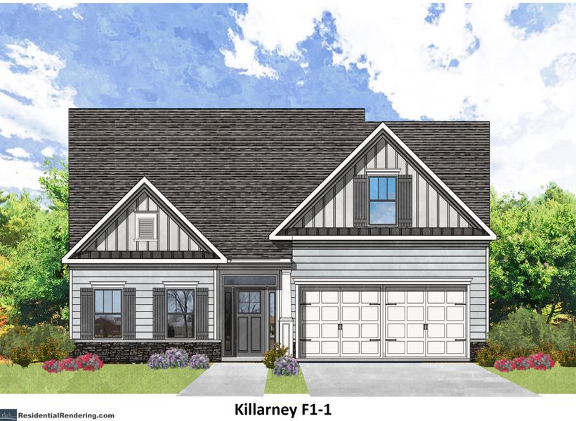 Representative exterior photo of a completed home built from the Killarney by O'Dwyer Homes in Hickory Heights, Acworth, GA (Image 1). Representative exterior photo of a completed home built from the Killarney by O'Dwyer Homes in Hickory Heights, Acworth, GA (Image 1).