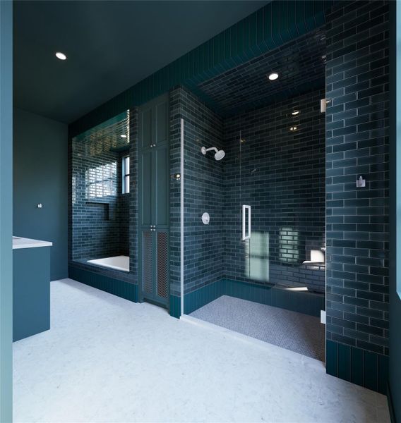 Bold and immersive, this statement bath redefines contrast with rich, moody tile enveloping the space in depth and texture. Clean lines and reflective surfaces create a striking balance between drama and refinement.