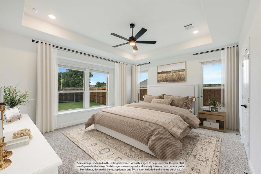 Bedroom with tray ceiling, ceiling fan, carpet flooring, and multiple windows with backyard views