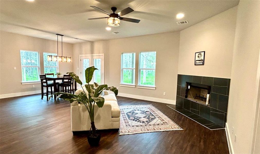 Wood-burning fireplace in the living room.