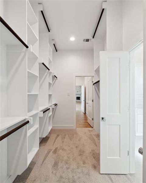 Walk in closet featuring light colored carpet