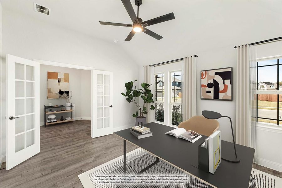 Home office with French doors, ceiling fan, dark desk, and hardwood floors
