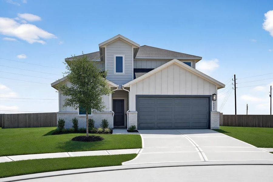 Front exterior of a new home in Newport Grove 50s, Crosby, TX, highlighting curb appeal (Image 1). Front exterior of a new home in Newport Grove 50s, Crosby, TX, highlighting curb appeal (Image 1).