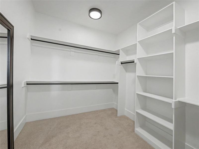 Walk in closet featuring light carpet