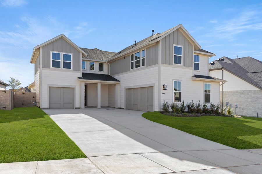 Front exterior of a new home in Inspiration Collection 60 at Painted Tree, McKinney, TX, highlighting curb appeal (Image 2). Front exterior of a new home in Inspiration Collection 60 at Painted Tree, McKinney, TX, highlighting curb appeal (Image 2).
