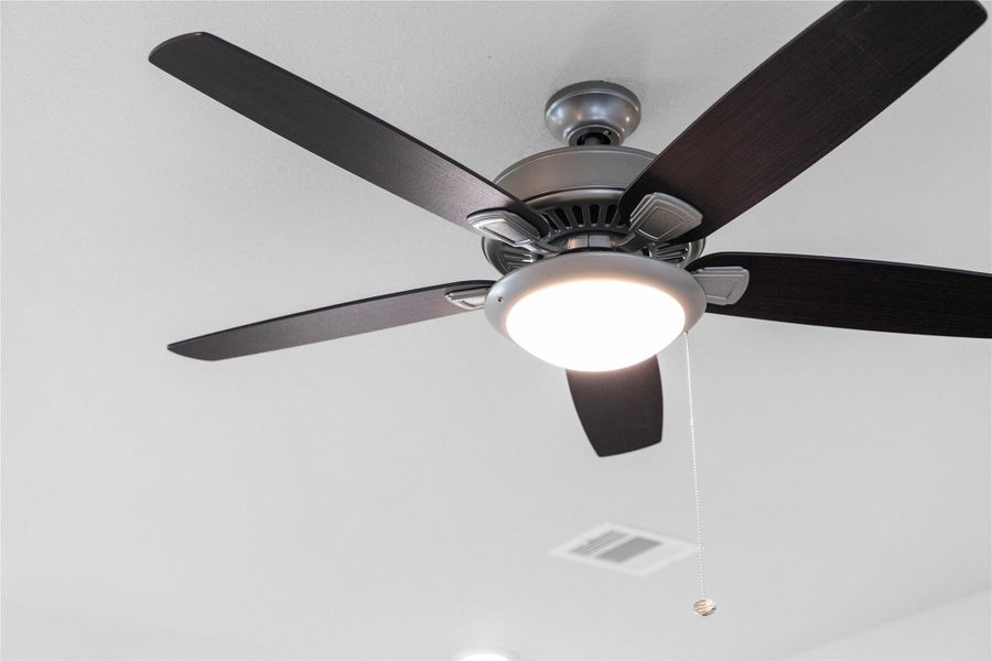 This contemporary ceiling fan features a brushed nickel finish and five dark wood blades, centered by an integrated LED light kit and a traditional pull chain for effortless control. The ceiling fan will make a room feel up to 4–8 degrees cooler and redistribute rising warm air in the winter.