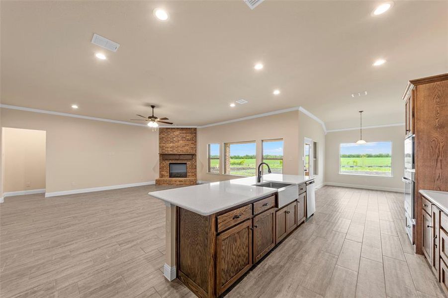 Kitchen with a sink, appliances with stainless steel finishes, ceiling fan, crown molding, and a fireplace