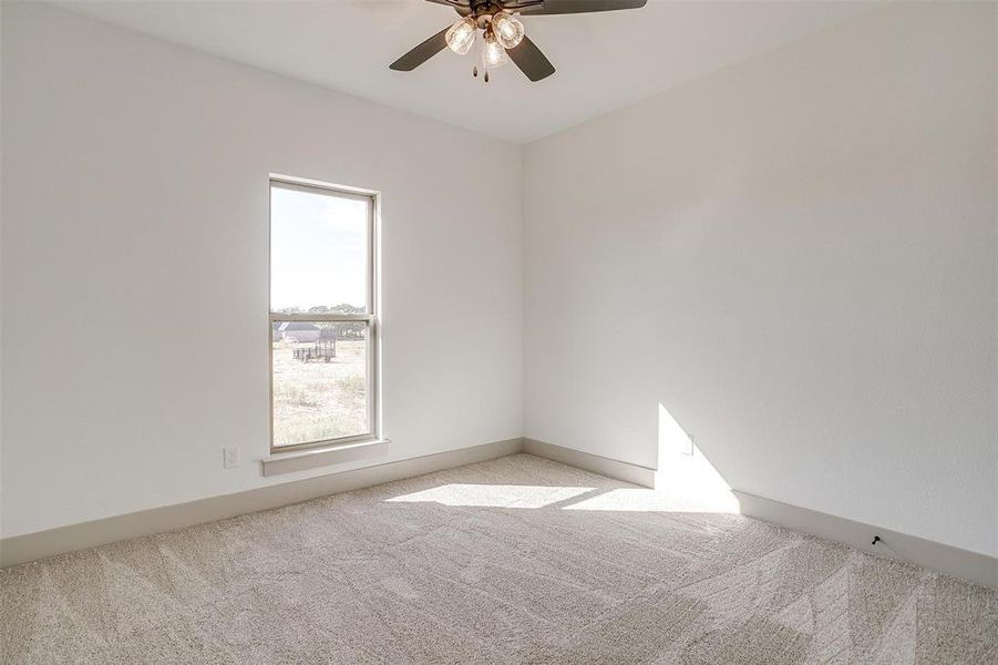 Empty room with a healthy amount of sunlight, light colored carpet, and ceiling fan