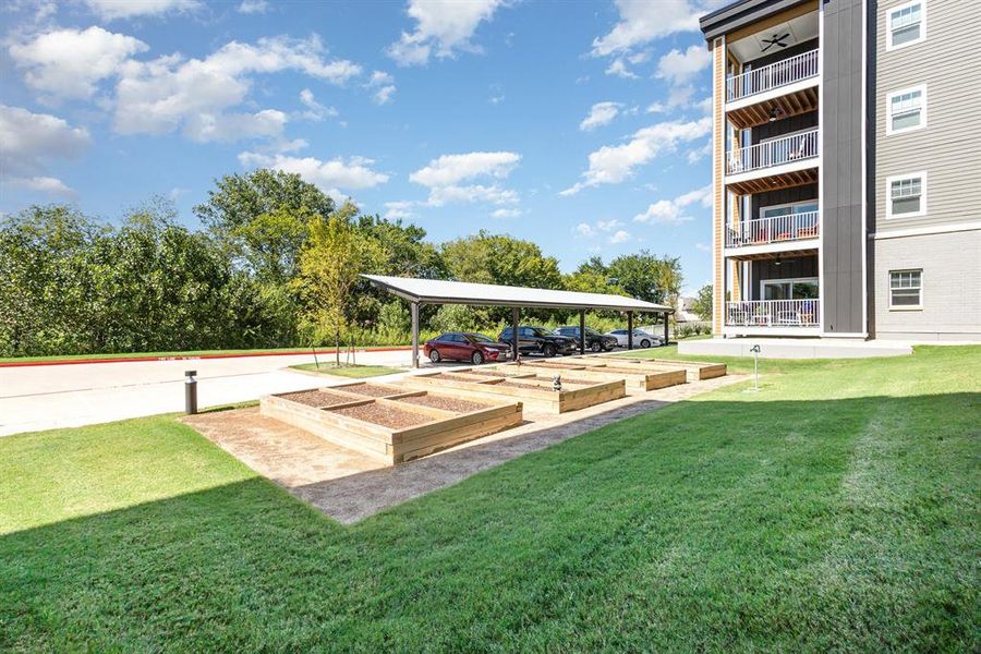 Raised garden plots if you want to plant some vegetables of your own. Raised garden plots if you want to plant some vegetables of your own.