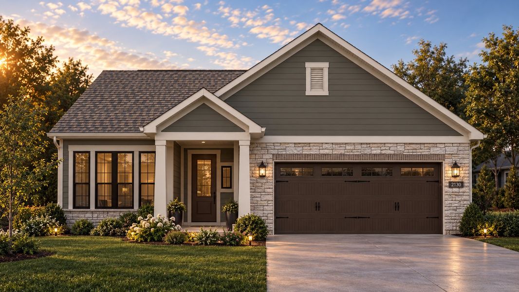 Front exterior of a new home in The Courtyards at Curry Farms, Louisville, KY, highlighting curb appeal (Image 1). Front exterior of a new home in The Courtyards at Curry Farms, Louisville, KY, highlighting curb appeal (Image 1).