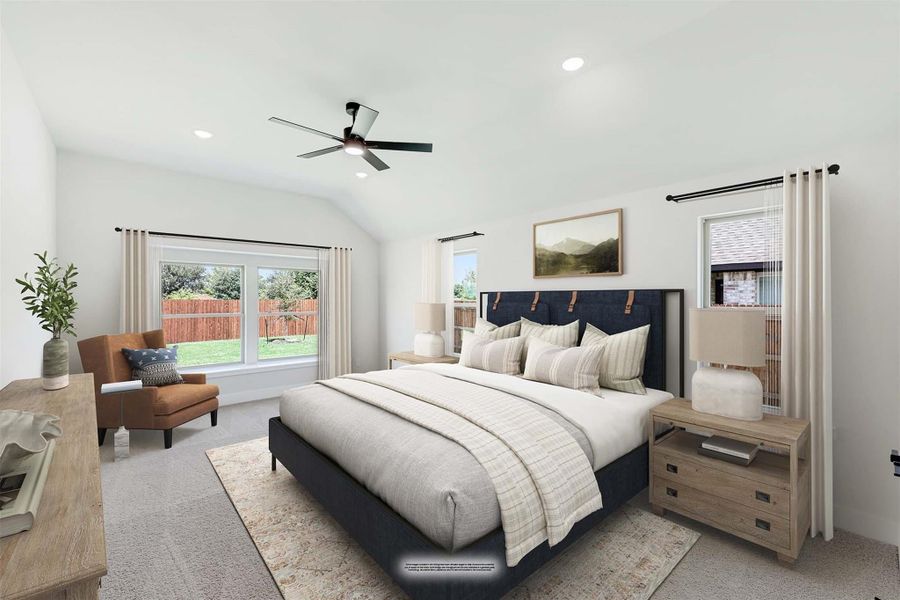 Master bedroom with vaulted ceiling, ceiling fan, dark upholstered bed, and large windows with backyard view