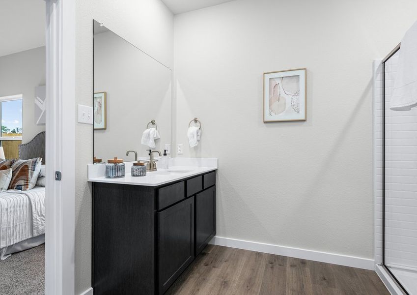 The master bathroom has a sprawling vanity. The master bathroom has a sprawling vanity.