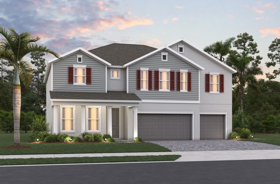 Front exterior of a new home in Acuera Estates, Apopka, FL, highlighting curb appeal (Image 1). Front exterior of a new home in Acuera Estates, Apopka, FL, highlighting curb appeal (Image 1).