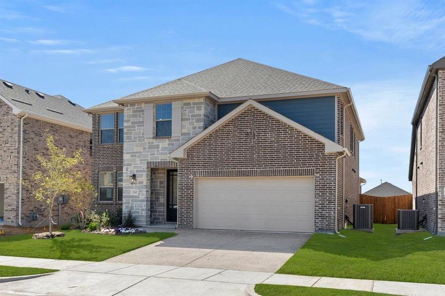 Front exterior of a new home in Meadow Park, Melissa, TX, highlighting curb appeal (Image 1).