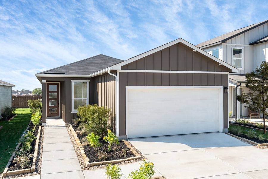 Representative exterior photo of a completed home built from the 1605 Modeled by KB Home in Punta Verde, Converse, TX (Image 14). Representative exterior photo of a completed home built from the 1605 Modeled by KB Home in Punta Verde, Converse, TX (Image 14).