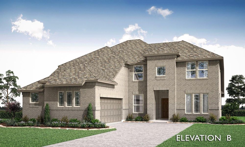 Two-story brick home with two-car garage, pitched roof, and landscaped front yard, Elevation B Two-story brick home with two-car garage, pitched roof, and landscaped front yard, Elevation B
