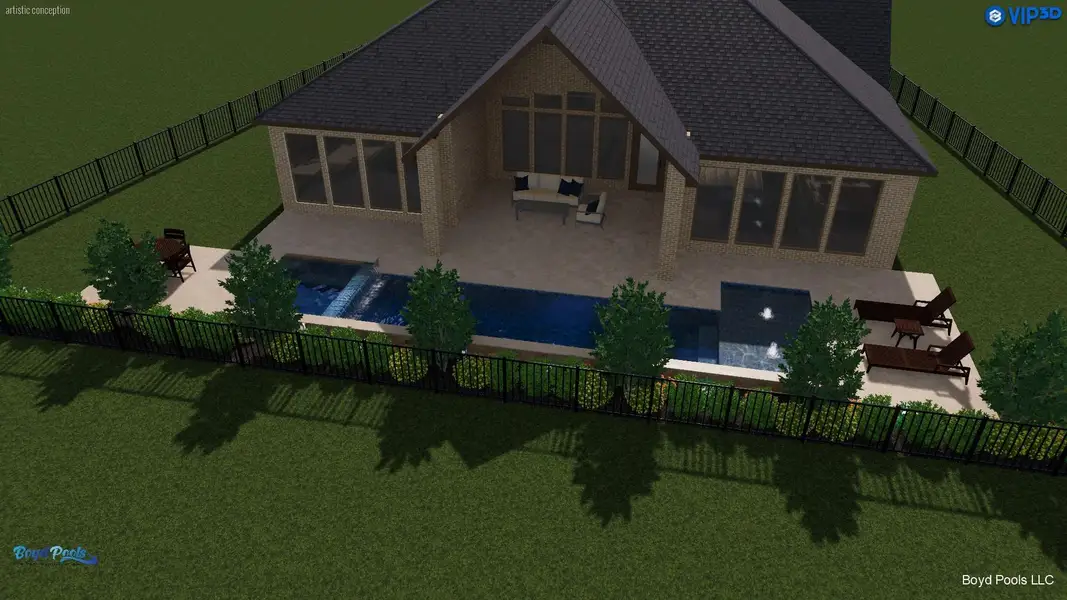 Artist rendering of the back of the house with a swimming pool. Artist rendering of the back of the house with a swimming pool.