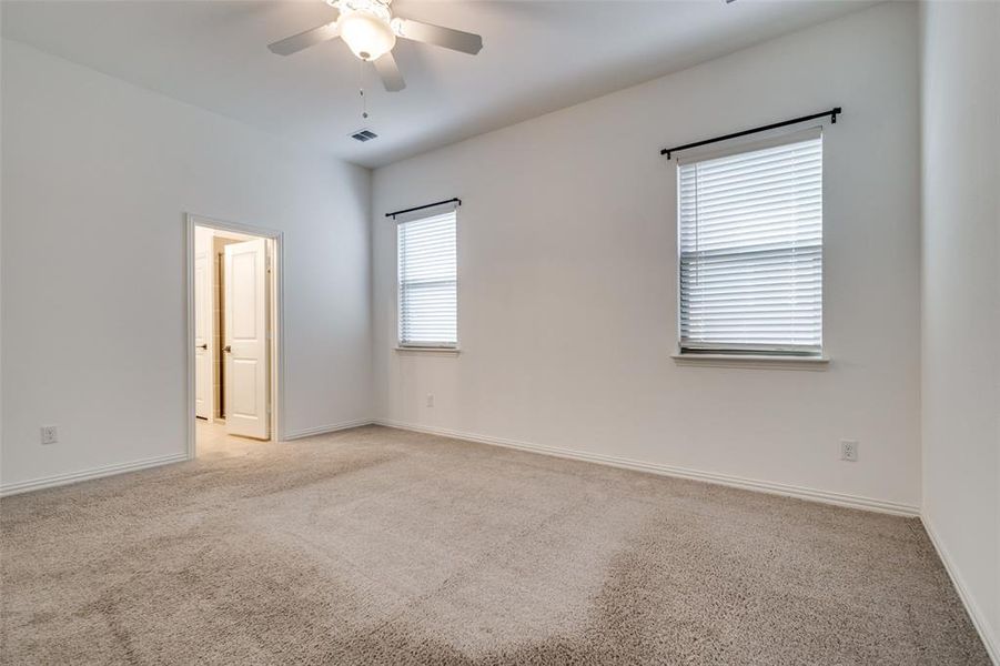 Spare room with a wealth of natural light, ceiling fan, and light colored carpet