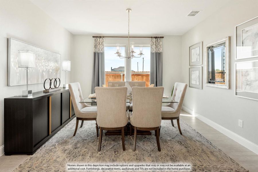 Formal dining room with glass table, six upholstered chairs, chandelier, and dark buffet cabinet