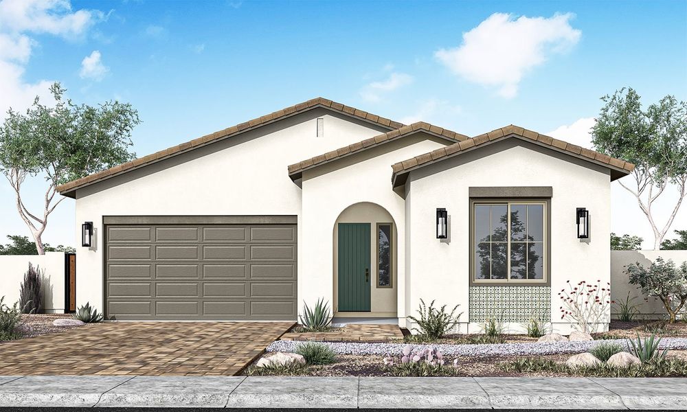 Representative exterior photo of a completed home built from the Juniper Plan 40-7 by Tri Pointe Homes in Luna at Soleo, Queen Creek, AZ (Image 21).