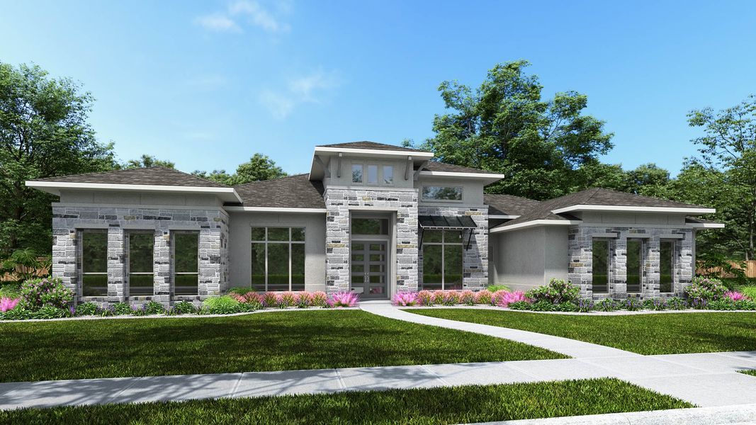 Representative exterior photo of a completed home built from the 4044A by Perry Homes in The Preserve At Elm Creek 1 Acre, New Braunfels, TX (Image 3).