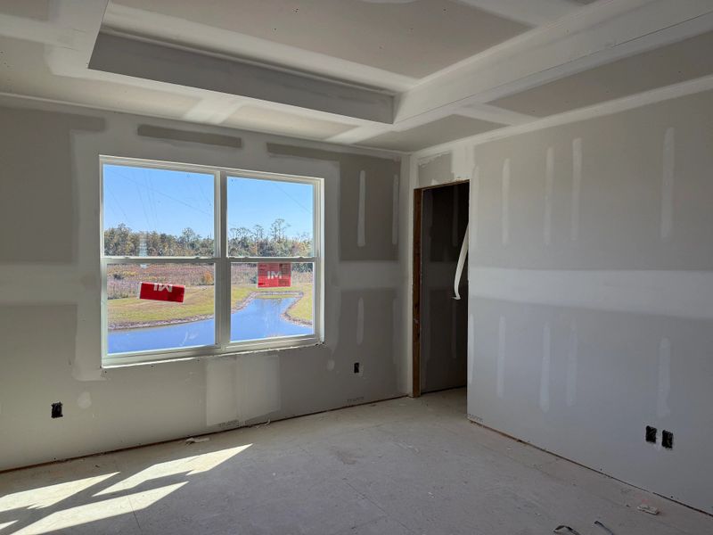 Expansive primary suite featuring a tray ceiling and large, bright windows