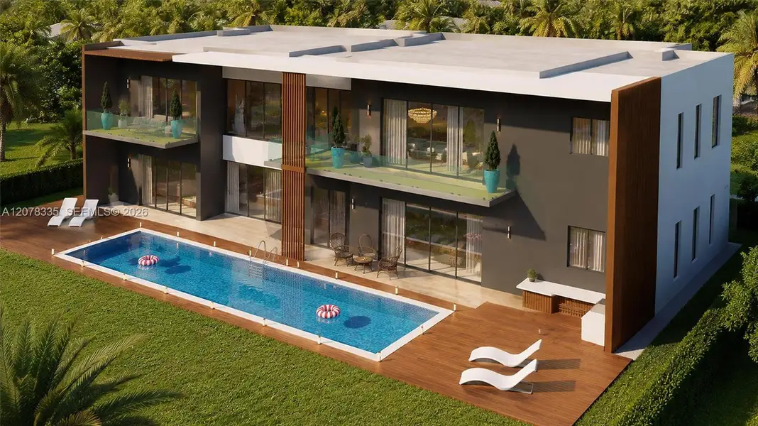 Backyard exterior featuring a resort-style pool, modern architecture, and floor-to-ceiling glass.