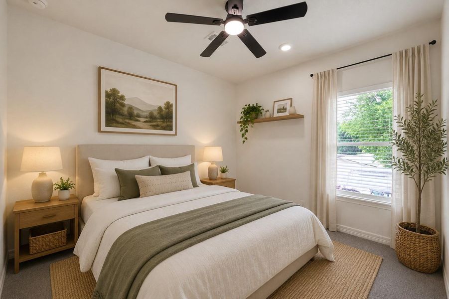 Bedroom 3 with a sleek ceiling fan and brand-new carpet*Virtually staged*