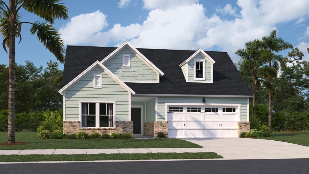 Front exterior of a new home in Horizons at Carnes Crossroads | 55+: Legends Collection, Summerville, SC, highlighting curb appeal (Image 1). Front exterior of a new home in Horizons at Carnes Crossroads | 55+: Legends Collection, Summerville, SC, highlighting curb appeal (Image 1).