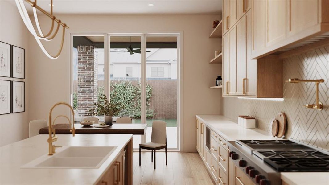 Breakfast Area with open floating shelves and a Sliding Glass door with access to the outdoor Pavillion.