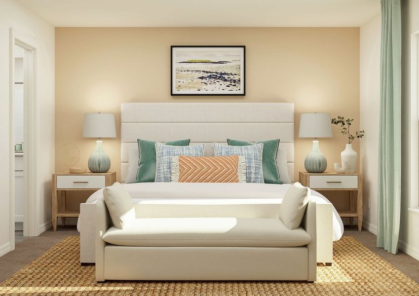 Rendering of a  bedroom furnished with  a large white  bed and two bedside tables. There is also a white bench at the end of the  bed.