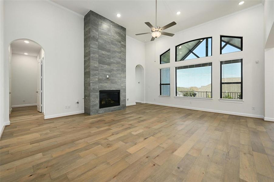 Floor to ceiling tiled fireplace