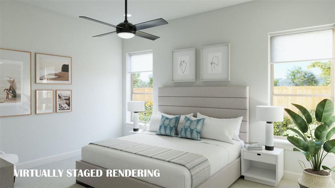 Peaceful and relaxing, you'll start every day refreshed in this lovely owner's bedroom.  VIRTUALLY STAGED RENDERING