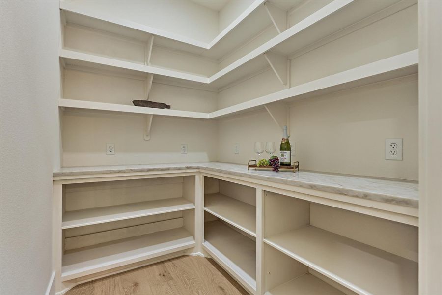 Walk-in butler's pantry with floor-to-ceiling built-in shelving, marble countertop landing, and dedicated outlets for coffee bars and small appliances — the kind of storage that makes a kitchen actually function. Walk-in butler's pantry with floor-to-ceiling built-in shelving, marble countertop landing, and dedicated outlets for coffee bars and small appliances — the kind of storage that makes a kitchen actually function.