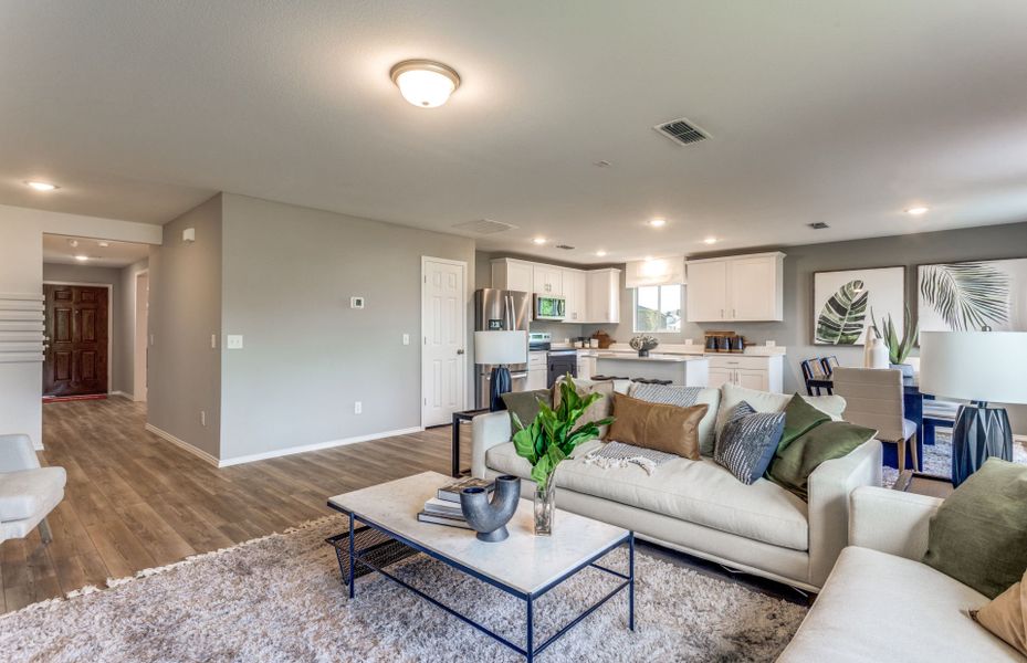 Gathering room with view of kitchen