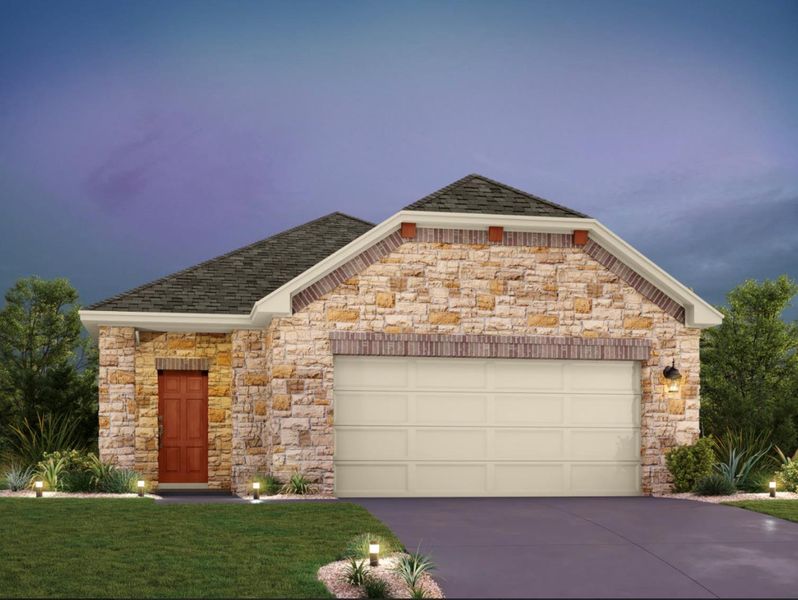 Front exterior of a new home in The Homestead at Lariat, Liberty Hill, TX, highlighting curb appeal (Image 1). Front exterior of a new home in The Homestead at Lariat, Liberty Hill, TX, highlighting curb appeal (Image 1).