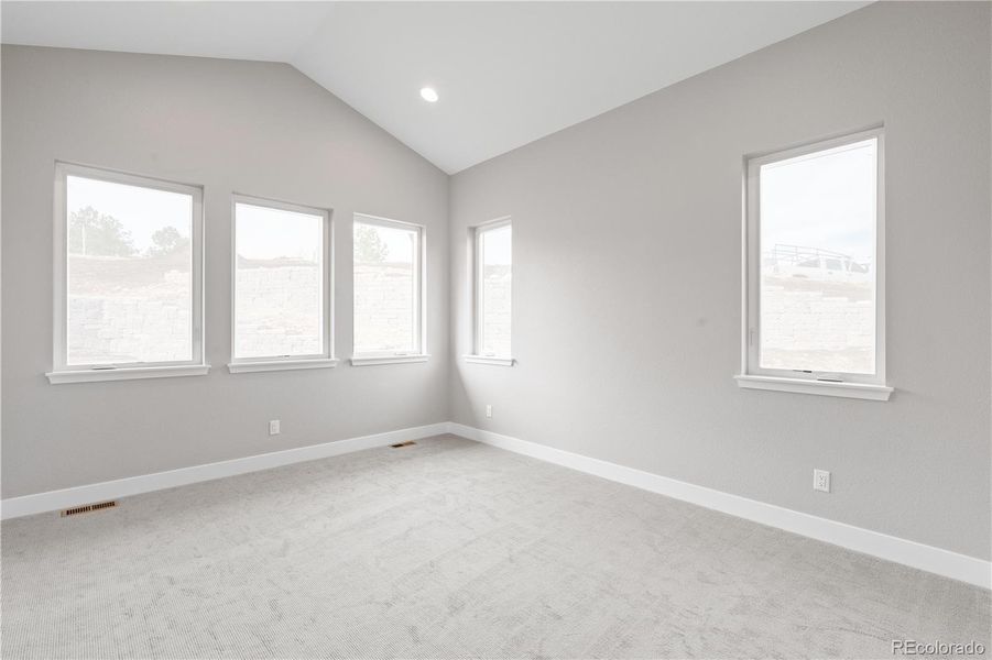 Main level guest bedroom with en suite bathroom and walk-in closet.