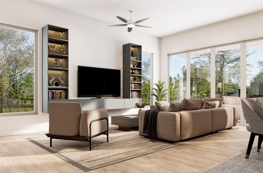 The ROCcreek features a bright, open living room designed for effortless entertaining and stylish everyday comfort. Image shown is an artist’s rendering; final colors and selections may vary. Please see the New Home Consultant for details.