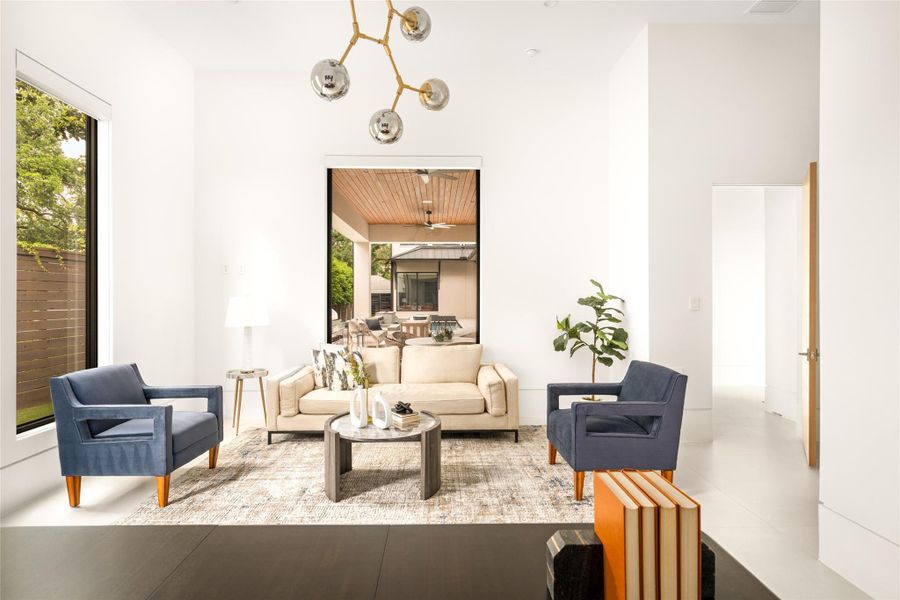 Well-appointed study with curated finishes and a seamless visual connection to the outdoor space.