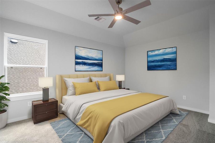 Secondary bedroom features plush carpet, custom paint, ceiling fan with lighting and a large window with privacy blinds.