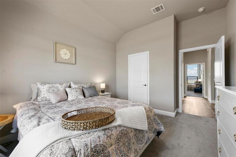 Carpeted bedroom with vaulted ceiling