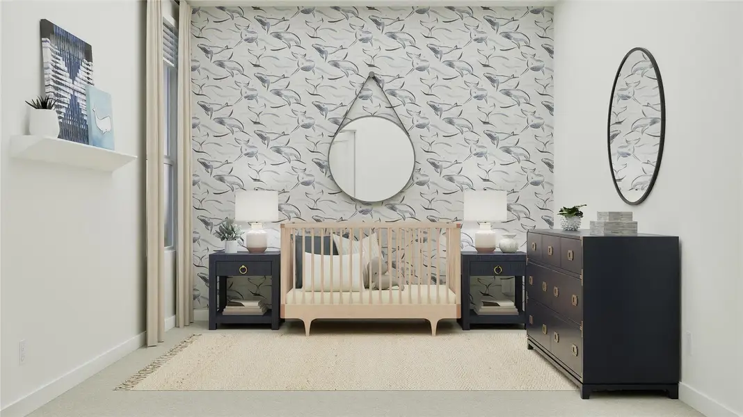 Bedroom featuring a nursery area and baseboards Bedroom featuring a nursery area and baseboards