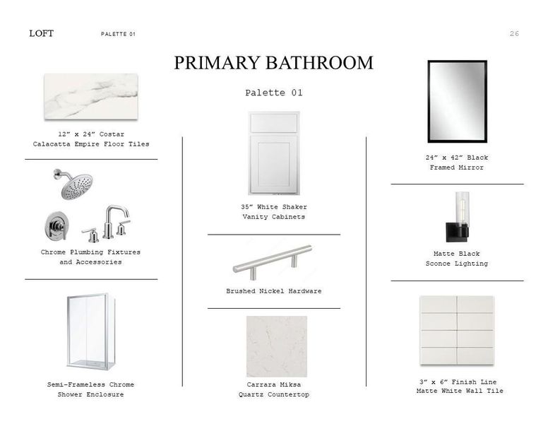 Loft Look Palette 1: Primary Bathroom Selection Sheet (*Artist rendering used for illustration purposes only.) Loft Look Palette 1: Primary Bathroom Selection Sheet (*Artist rendering used for illustration purposes only.)