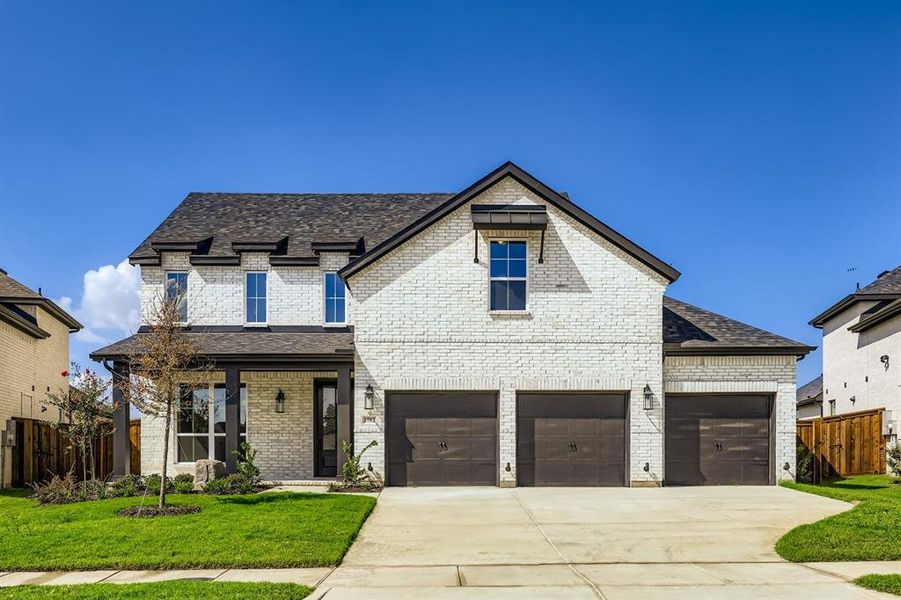 View of front of home featuring a porch, brick siding, concrete driveway, and roof with shingles