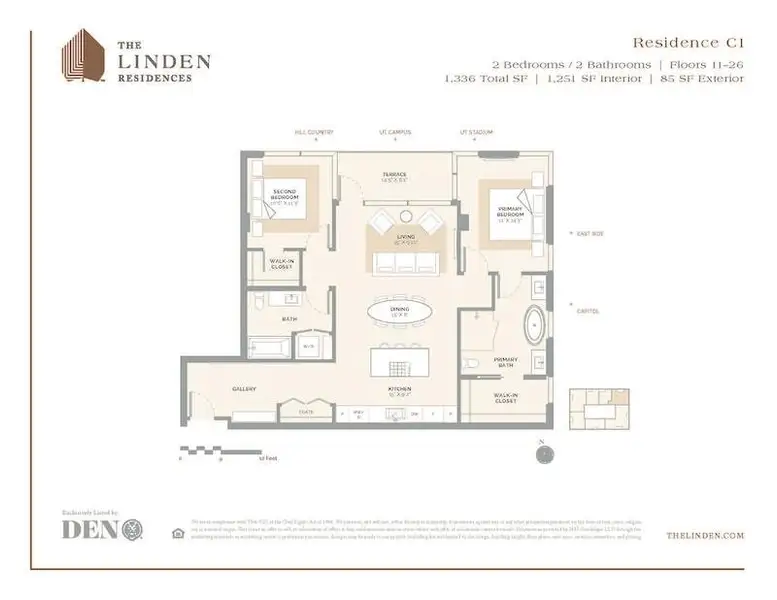 C1 Floor Plan featuring 2 bedrooms and 2 bathrooms. The spacious layout includes an open living and dining area, complemented by a modern kitchen with high-end appliances and an island for additional seating. This unit offers breathtaking views of downtown Austin, the Hill Country, UT Campus and the Capitol, providing a unique blend of urban and natural scenery. Residents will also enjoy access to a full level of elevated amenities.