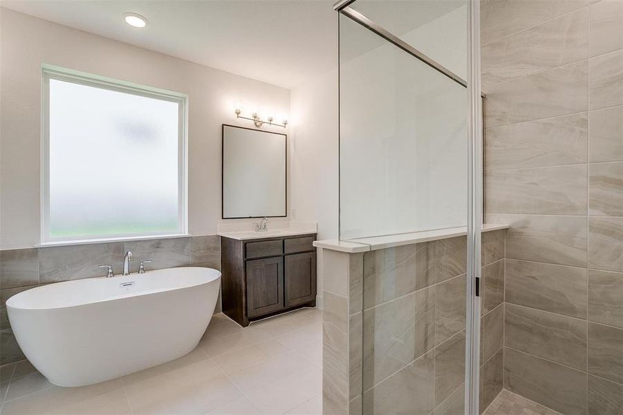 Bathroom featuring tile floors, plenty of natural light, plus walk in shower, and vanity