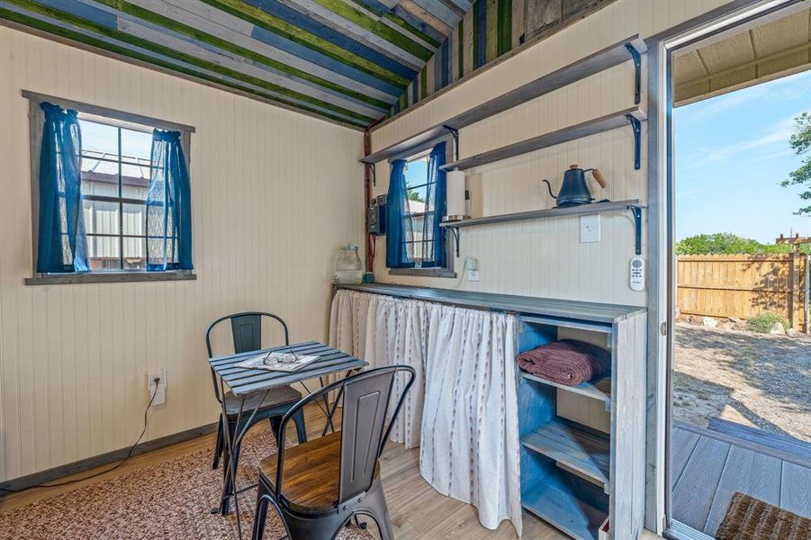 Interior shed counter and storage space.