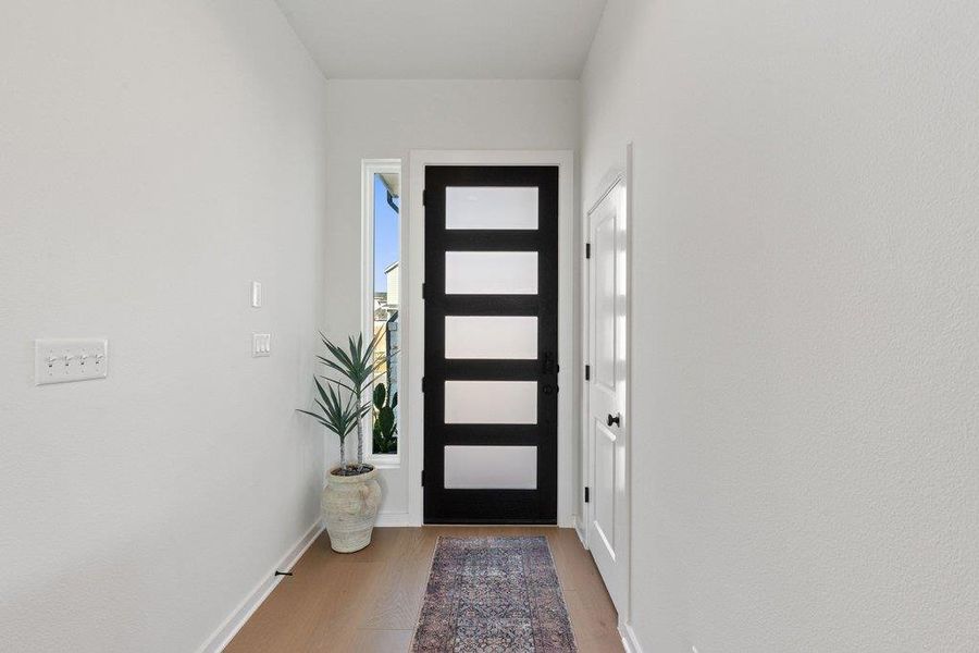 Modern black entry door with five frosted glass panels
