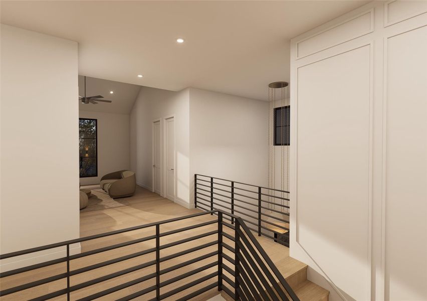 The upper-level landing unfolds as a light-filled retreat, where sleek iron railings overlook the dramatic stairwell below. Clean-lined millwork and warm wood flooring create a seamless transition into a cozy secondary lounge—perfect for quiet mornings or relaxed evenings. The upper-level landing unfolds as a light-filled retreat, where sleek iron railings overlook the dramatic stairwell below. Clean-lined millwork and warm wood flooring create a seamless transition into a cozy secondary lounge—perfect for quiet mornings or relaxed evenings.